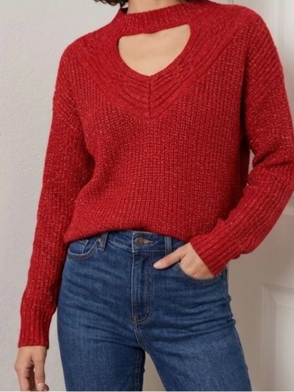 New York & Company Red V-Neck Sweater with Choker Detail